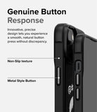iPhone 14 Plus Case | Onyx Design - Close-up of phone case buttons with callouts for non-slip texture and metal-style buttons.