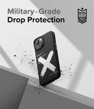 iPhone 14 Plus Case | Onyx Design - Black phone case with white X graphic and text on a grey background with debris.