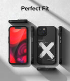 iPhone 14 Plus Case | Onyx Design - Black phone case with white X graphic and text, shown from multiple angles.