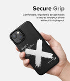 iPhone 14 Plus Case | Onyx Design - Hand holding a black phone case with a white brushstroke X and technical text.