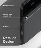 iPhone 14 Plus Case | Onyx - Close-up of black phone case highlighting non-slip texture, lanyard holes, and soft TPU material.