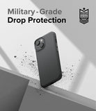 iPhone 14 Plus Case | Onyx - Black phone case floating above grey geometric blocks with debris and military-grade protection text.