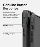 iPhone 14 Plus Case | Onyx - Close-up of a black phone case highlighting metal buttons and a textured, non-slip grip surface.