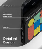 iPhone 14 Case | Onyx Design - Close-up of phone case features including non-slip texture, lanyard holes, and soft TPU material.
