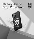 iPhone 14 Case | Onyx Design - Black phone case with white graffiti art featuring a skull and text on a gray background.
