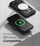 iPhone 14 Case | Onyx Design - Black iPhone 14 case with MagSafe charger and another phone wirelessly charging on a pad.