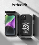iPhone 14 Case | Onyx Design - Black phone case with white graffiti art showing multiple angles on a grey background.