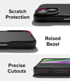 iPhone 14 Case | Onyx Design - Close-ups showing scratch protection, raised bezels, and precise port cutouts on a black phone case.