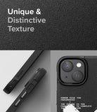 iPhone 14 Case | Onyx Design - Black phone case with textured back, side buttons, and glitch-style text detail.