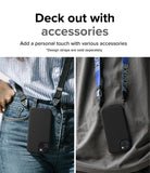 iPhone 14 Case | Onyx - Two photos showing a black iPhone 14 case worn with different colorful neck straps against clothing.