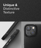 iPhone 14 Case | Onyx - Close-up of black textured phone case showing side buttons and camera module with the text Unique & Distinctive Texture.
