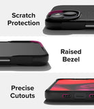 iPhone 14 Case | Onyx - Close-ups of a black phone case highlighting camera protection, raised screen bezels, and precise cutouts.