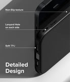 iPhone 14 Plus Case | Onyx - Close-up of black phone case highlighting non-slip texture, lanyard holes, and soft TPU material.