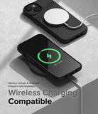 iPhone 14 Plus Case | Onyx - Black iPhone 14 Plus case charging wirelessly with a MagSafe puck and a wireless charging pad.