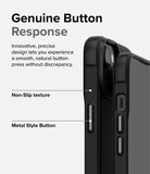 iPhone 14 Plus Case | Onyx - Close-up of black phone case highlighting textured grip and metallic buttons with descriptive text.