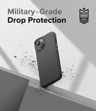 iPhone 14 Case | Onyx - Black iPhone 14 case with military-grade drop protection badge against a gray, textured background.