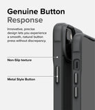 iPhone 14 Case | Onyx - Close-up of phone case showing textured side grip and metallic buttons with descriptive text overlay.