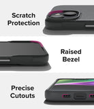 iPhone 14 Case | Onyx - Close-ups showing camera protection, raised screen bezels, and precise port cutouts on a black phone case.
