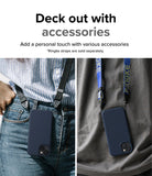 iPhone 14 Case | Onyx - Two views of a navy phone case worn with different branded neck straps over casual clothing.