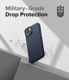 iPhone 14 Case | Onyx - Navy blue iPhone 14 case floating above a gray surface with debris, featuring military-grade protection text.