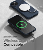 iPhone 14 Case | Onyx - Two navy iPhone 14 cases in Onyx, one charging via MagSafe and one on a wireless charging pad.