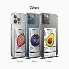iPhone 12 Pro Max Case | Fusion Design Fruit - Three clear phone cases featuring strawberry, blueberry, and avocado nutrition label designs.