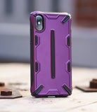 iPhone XS Case | Dual-X [DX] - Rugged purple and black protective phone case with a textured, geometric design standing upright.