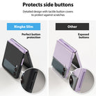 Galaxy Z Flip 3 Case | Slim - Comparison showing Ringke case covering side buttons versus an exposed button design.