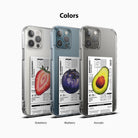 iPhone 12 Pro Max Case | Fusion Design Fruit - Three clear phone cases featuring strawberry, blueberry, and avocado nutrition labels.