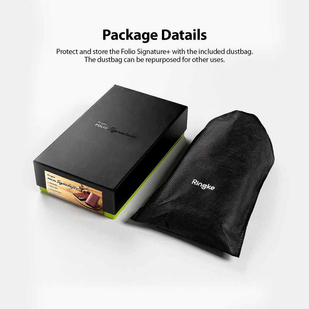 Galaxy S21 Ultra Case | Folio Signature+ - Black product box and a black mesh drawstring dustbag on a white surface.