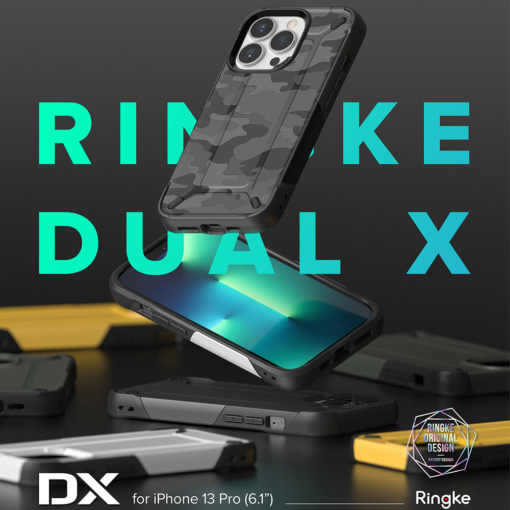 iPhone 13 Pro Case | DX - Black camo phone case floating above a phone with a glowing screen against a dark background.