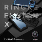 Mi 11 Case | Fusion-X - Two Xiaomi Mi 11 phones in black Fusion-X cases, one clear and one with a camo pattern, on a dark surface.