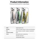 Ring Band Strap - Three clear phone cases with pink, green, and yellow patterned ring band straps and product specs below.