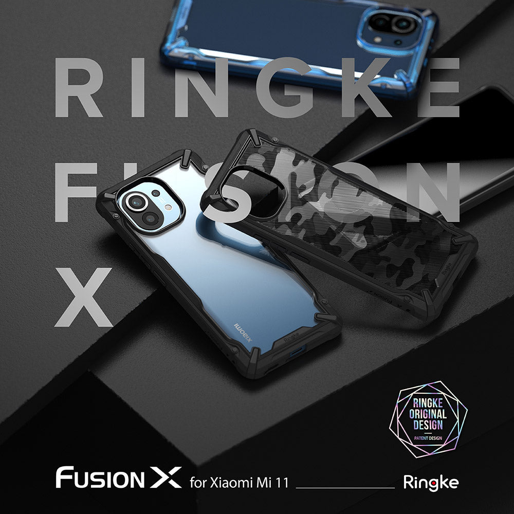 Mi 11 Case | Fusion-X - Two Fusion-X phone cases for Xiaomi Mi 11, one clear and one camo, displayed on a dark surface.