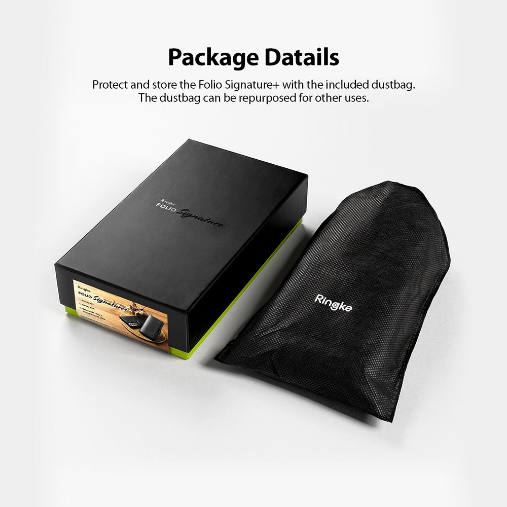 Galaxy S21 Ultra Case | Folio Signature+ - A black product box and a black mesh dustbag with the Ringke logo.