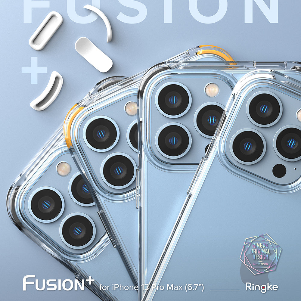 iPhone 13 Pro Max Case | Fusion Plus - Three clear protective cases layered over a blue iPhone 13 Pro Max on a blue background.