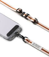 Holder Link & Snap Hook Lanyard Strap - Beige and orange striped phone lanyard with black hardware and a clear case.