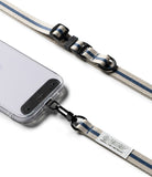 Holder Link & Snap Hook Lanyard Strap - Beige and blue striped phone lanyard with black hardware attached to a clear case.