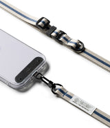 Holder Link & Snap Hook Lanyard Strap - Beige and blue striped phone lanyard with black hardware attached to a clear case.