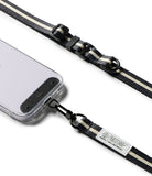 Holder Link & Snap Hook Lanyard Strap - Black and white striped phone lanyard with a snap hook attached to a clear case.