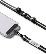 Holder Link & Snap Hook Lanyard Strap - Black and white striped phone lanyard with a snap hook attached to a clear case.