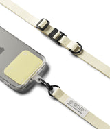 Holder Link & Snap Hook Lanyard Strap - Cream-colored phone lanyard with black hardware attached to a clear case.