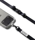 Holder Link & Snap Hook Lanyard Strap - Black phone lanyard with snap hook attached to a clear case via a card holder.