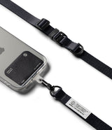 Holder Link & Snap Hook Lanyard Strap - Black phone lanyard with snap hook attached to a clear case via a card holder.