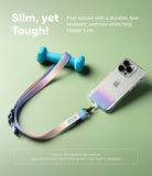 Holder Link & Snap Hook Lanyard Strap - A pastel gradient lanyard attached to a smartphone and a blue dumbbell.