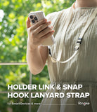 Holder Link & Snap Hook Lanyard Strap - Person wearing a beige lanyard attached to a smartphone with a snap hook.