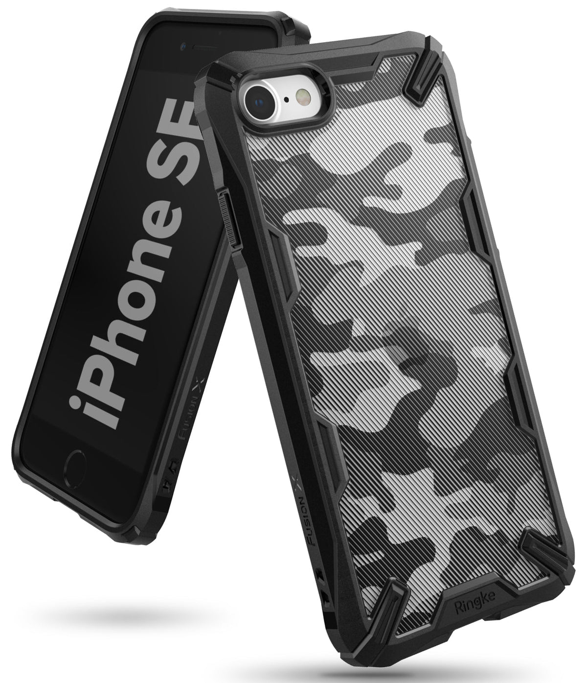 iPhone SE 2022 5G / SE 2020 / 8 Case | Fusion-X - Black rugged phone case with a grey camouflage back pattern.