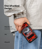 iPhone SE 2022 5G / SE 2020 / 8 Case | Fusion-X Design - Hand holding a red and black camo phone case with text overlays.