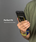 iPhone SE 2022 5G / SE 2020 / 8 Case | Fusion-X Design - Hand holding phone in black case with wrist strap and text.