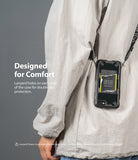 iPhone SE 2022 5G / SE 2020 / 8 Case | Fusion-X Design - Phone in rugged black case hanging from a lanyard around a person.